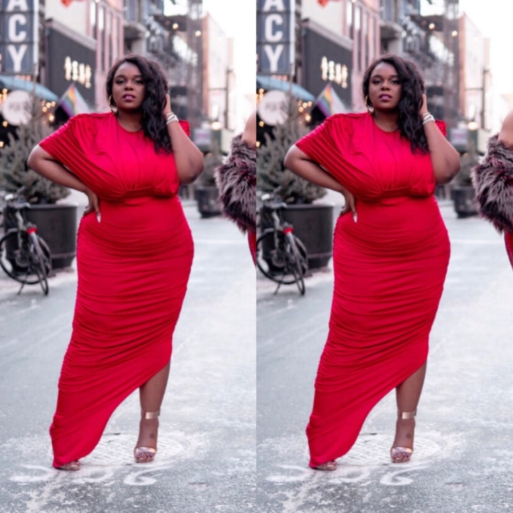 Red Shoulder Padded Asymmetrical Maxi Dress